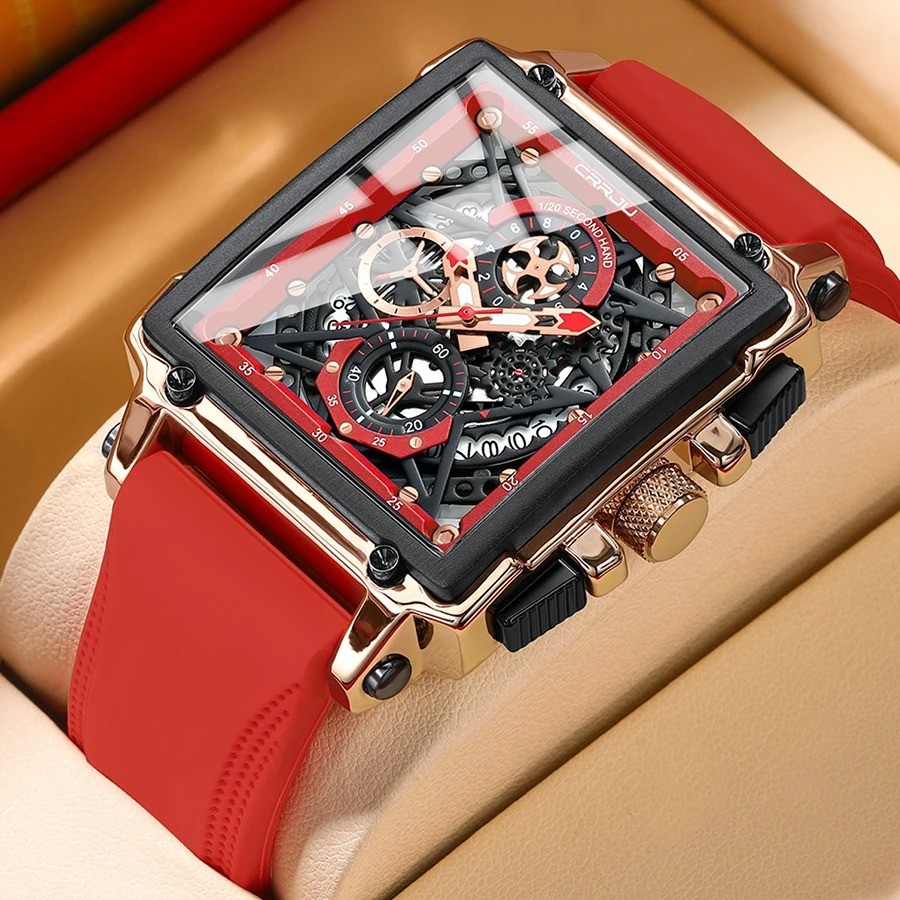 CRRJU 2312 Red Luxury Sports Quartz Wristwatches for Men Colorful Multi Functional Square Type Watch