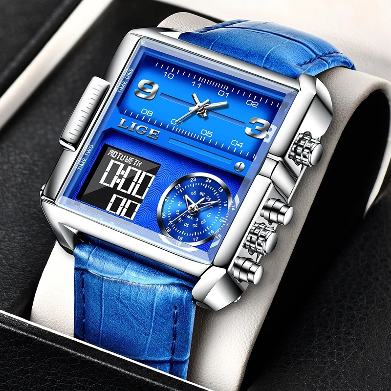LIGE 8925A Top Brand Luxury Mens Watches Square Digital Sports Quartz Wrist Watch for Men